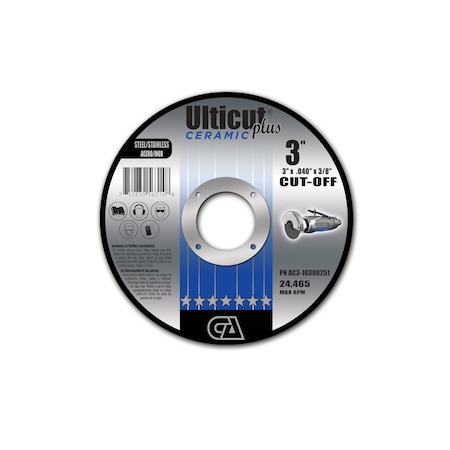 3 X .040 X 3/8 Ceramic Ulticut Plus T1 Double Reinforced Cut-Off Wheel For Stainless And Steel